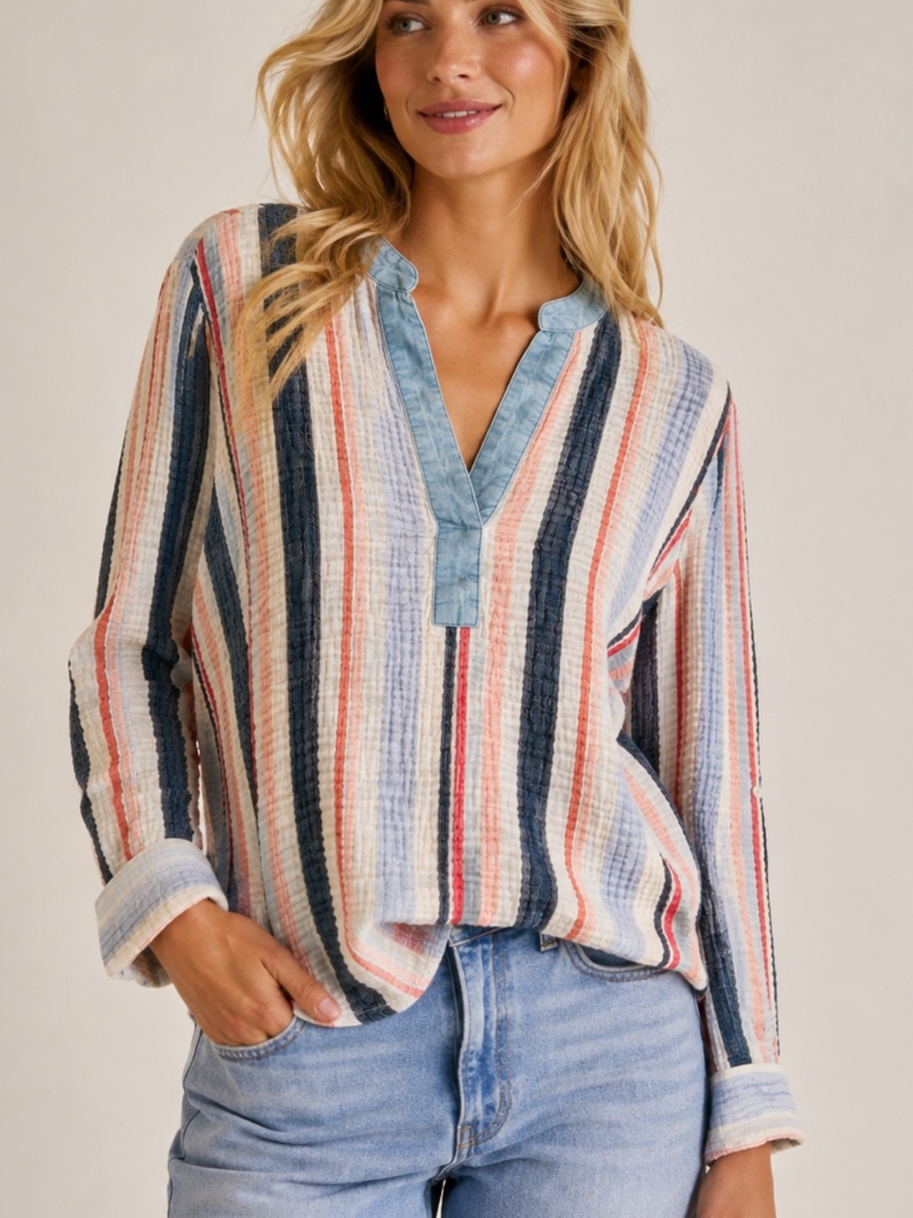 Style & Co Women’s L Textured Seersucker Stripe Popover Top Cotton Gauze